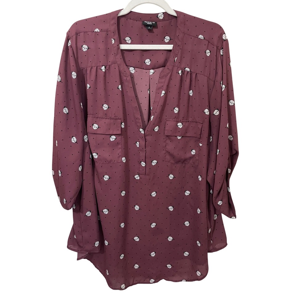 Torrid Harper Blouse Size 3X Burgundy Pug Dog Polka Dot Print Button Tab Sleeve